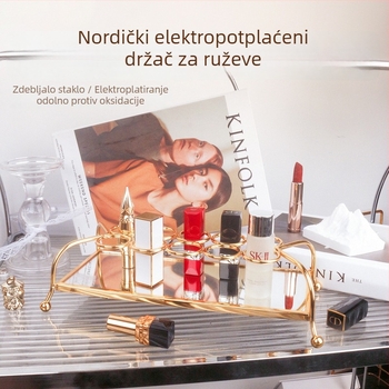 Kutija za pohranu ruža za usne s ogledalom, pladanj u stilu pristupačnog luksuza, metal i staklo, stolni dizajn, jedan sloj, pogodna za putovanja, spavaću sobu i kupaonu
