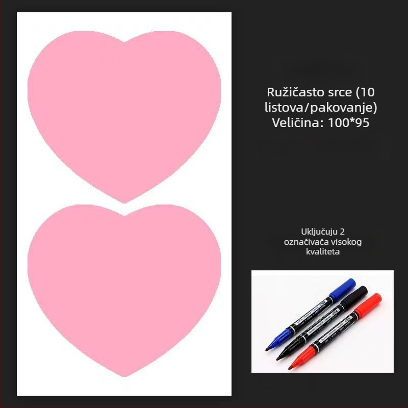 Samoljepljiva naljepnica za ime na odjeću, oblik srca; materijal: prekrivni papir sa samolijepljujućim slojem; podloga: Glassine papir; tip ljepila: topljivo ljepilo; čvrstoća na rastezanje: jaka; temperaturna otpornost: do 65°C; debljina: 0,08 mm.
