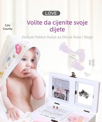 Drvena kutija za uspomene bebe: otisci ruku i stopala, mliječni zubi i kosa, sa zodijakom