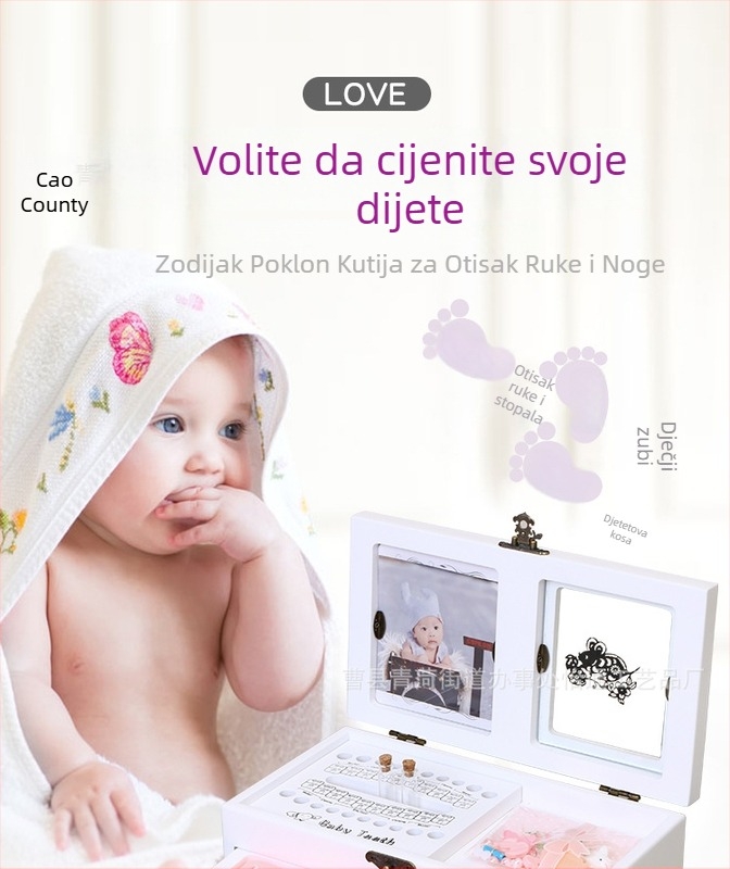 Drvena kutija za uspomene bebe: otisci ruku i stopala, mliječni zubi i kosa, sa zodijakom