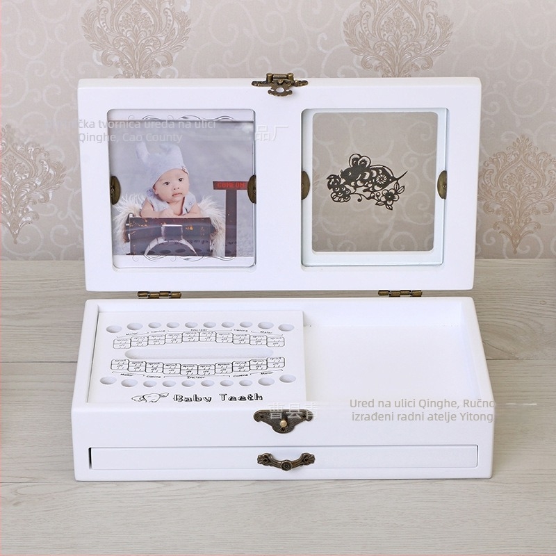 Drvena kutija za uspomene bebe: otisci ruku i stopala, mliječni zubi i kosa, sa zodijakom