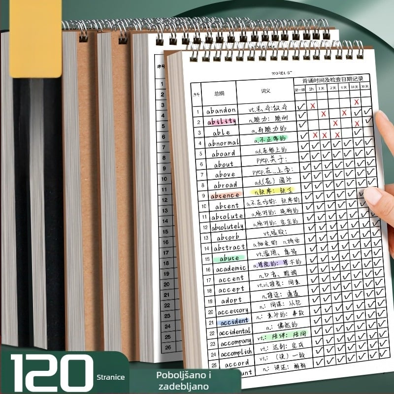 Notes za engleski vokabular – spiralno povezivanje, papirnata korica, tekstualni materijal: drveni celulozni pulpa, 80 g papir