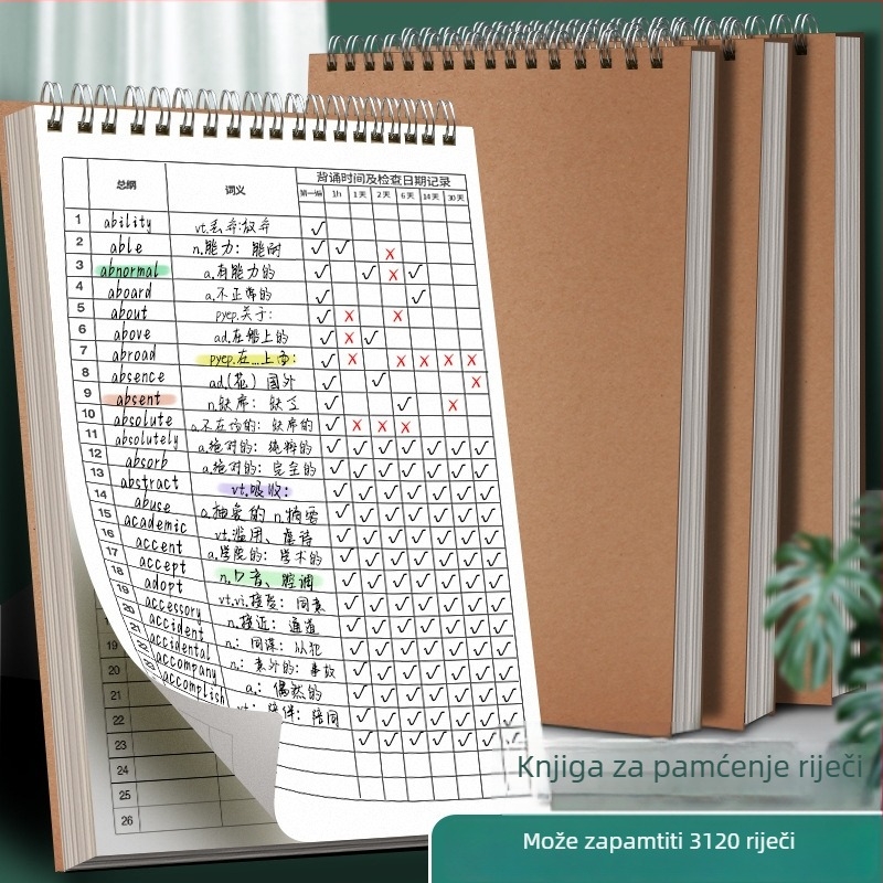 Notes za engleski vokabular – spiralno povezivanje, papirnata korica, tekstualni materijal: drveni celulozni pulpa, 80 g papir