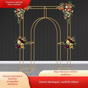 Vjenčani željezni geometrijski luk za pozornicu s držačem za cvijeće i kvadratnim pozadjem, prilagodljivo