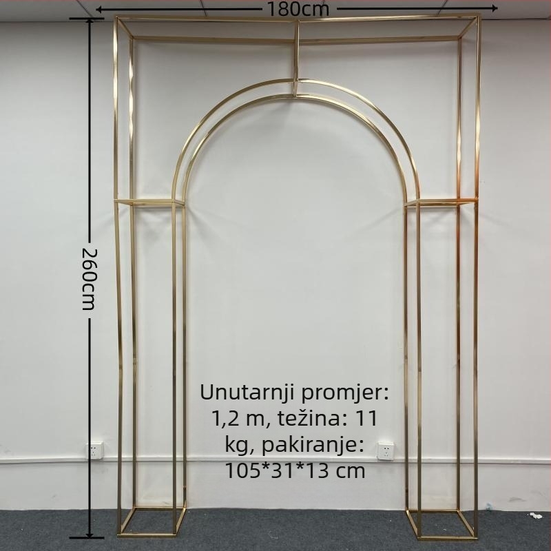 Vjenčani željezni geometrijski luk za pozornicu s držačem za cvijeće i kvadratnim pozadjem, prilagodljivo