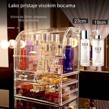 Kutija za kozmetiku - prozirno PS kućište sa poklopcem i pretincima, 18L, otporna na prašinu, stolni organizator za kozmetiku