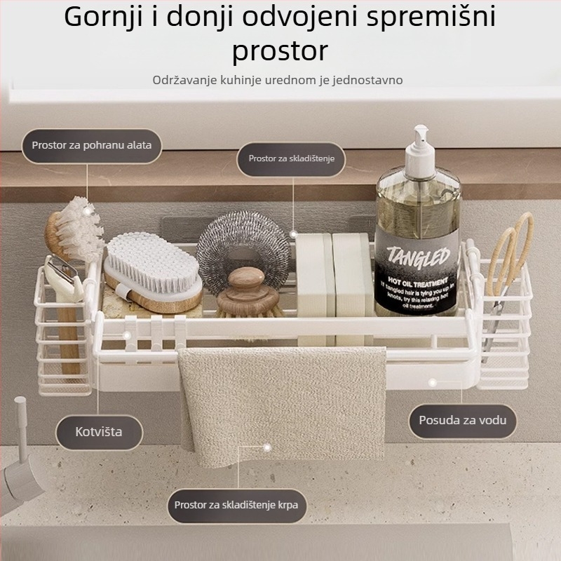 Kuhinjski zidni držač za skladištenje s mrežom od željeza, bez bušenja, za pohranu krpa i odvodnu košaru iznad sudopera