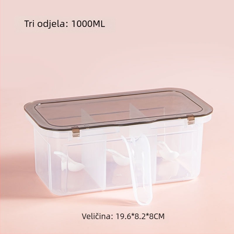 Kuhinjska kutija za začine s integriranim trodjelijskim dizajnom – moderan minimalistički stil, ispisano logo, ovlaštene privatne marke