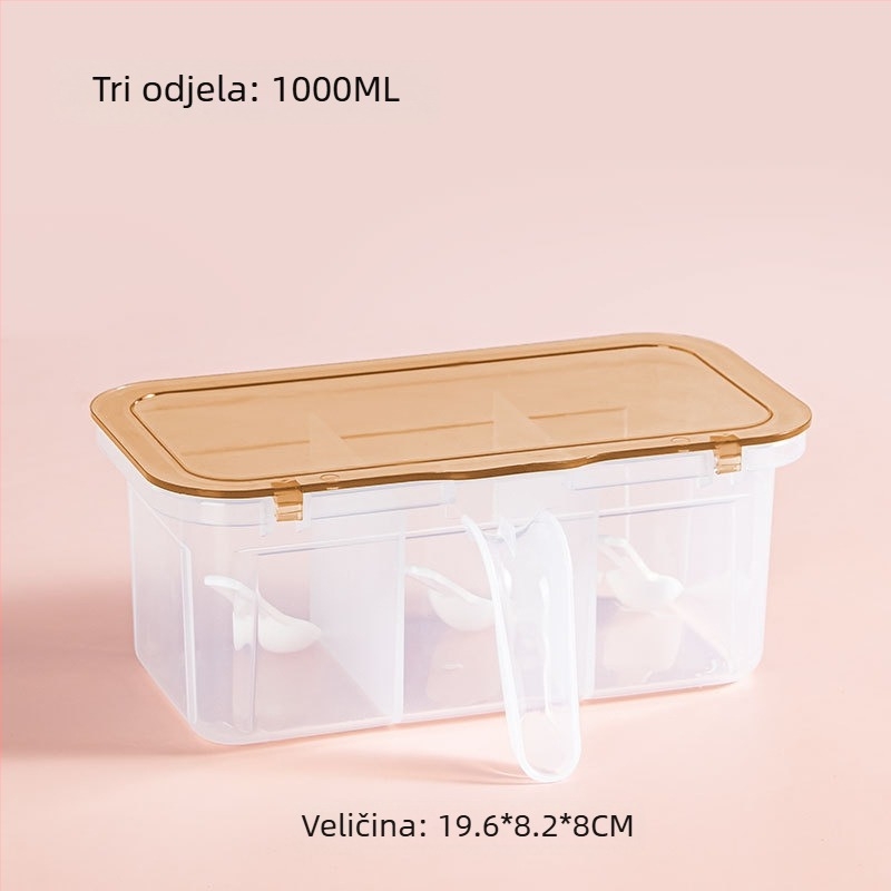Kuhinjska kutija za začine s integriranim trodjelijskim dizajnom – moderan minimalistički stil, ispisano logo, ovlaštene privatne marke