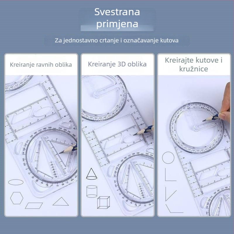 Multifunkcionalno crtaće ravnalo s rotirajućim šablonom za učenike