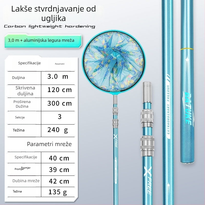 Teleskopski karbonski štap za mrežu za ribolov