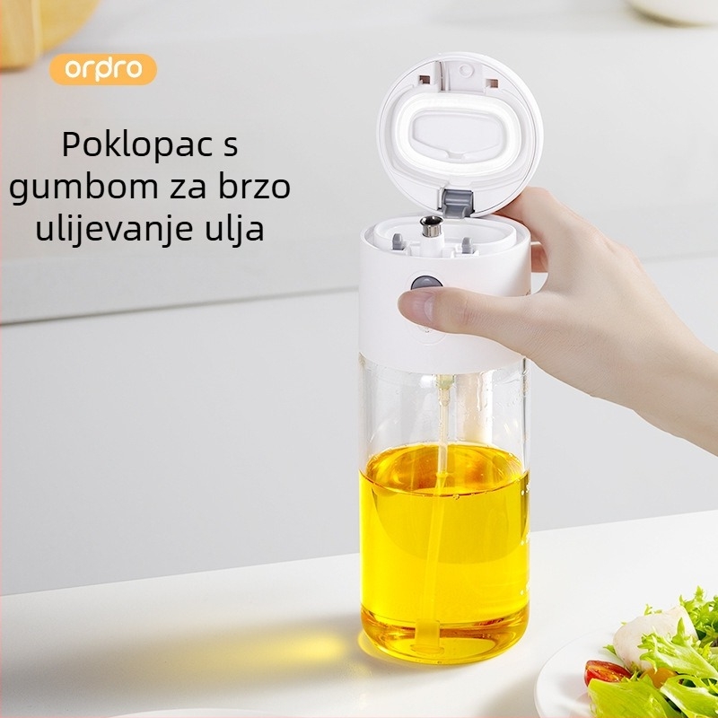 Posuda za raspršivanje ulja, staklena visokog borosilikatnog stakla, dijelovi od ABS/PP/silikona, dvostruki dizajn za lijevanje i raspršivanje, pritiskom za raspršivanje, protukapljajući, automatsko otvaranje i zatvaranje.