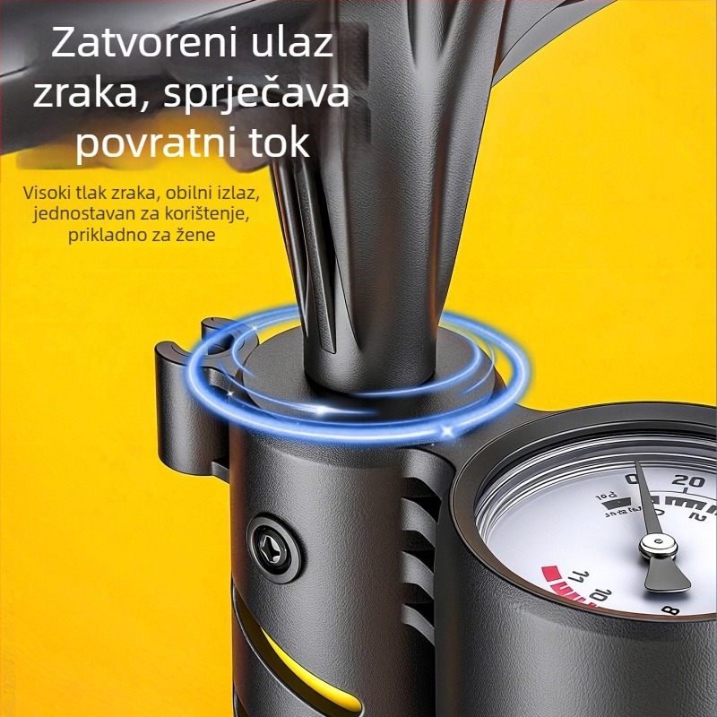 Ručna pumpa s manometrom, model Yellow-Black, tijelo od željeza, duljina 59 cm, tlak 160 psi, tip ventila: Beautiful mouth