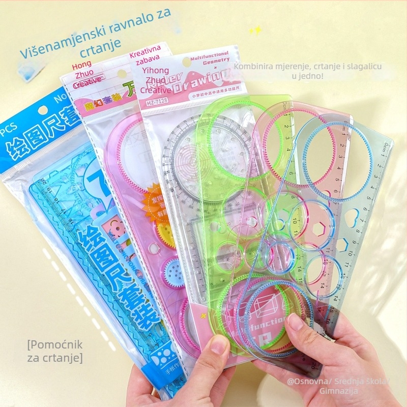 Kreativni kaleidoskopski set ravnala za učenike – višenamjenski kit za crtanje, geometriju i šablone (centimetarsko ravnalo, neto težina 143 g, slučajno vanjsko pakiranje)