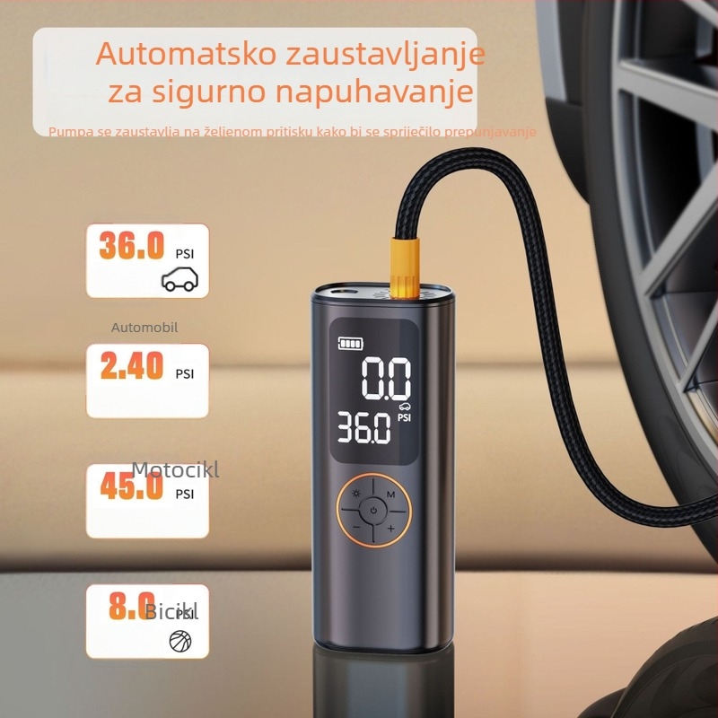 Bežični električni kompresor za automobil s digitalnim zaslonom, 7.4V, USB punjenje, ≤80W, litij baterija, trajanje rada 5–20 minuta