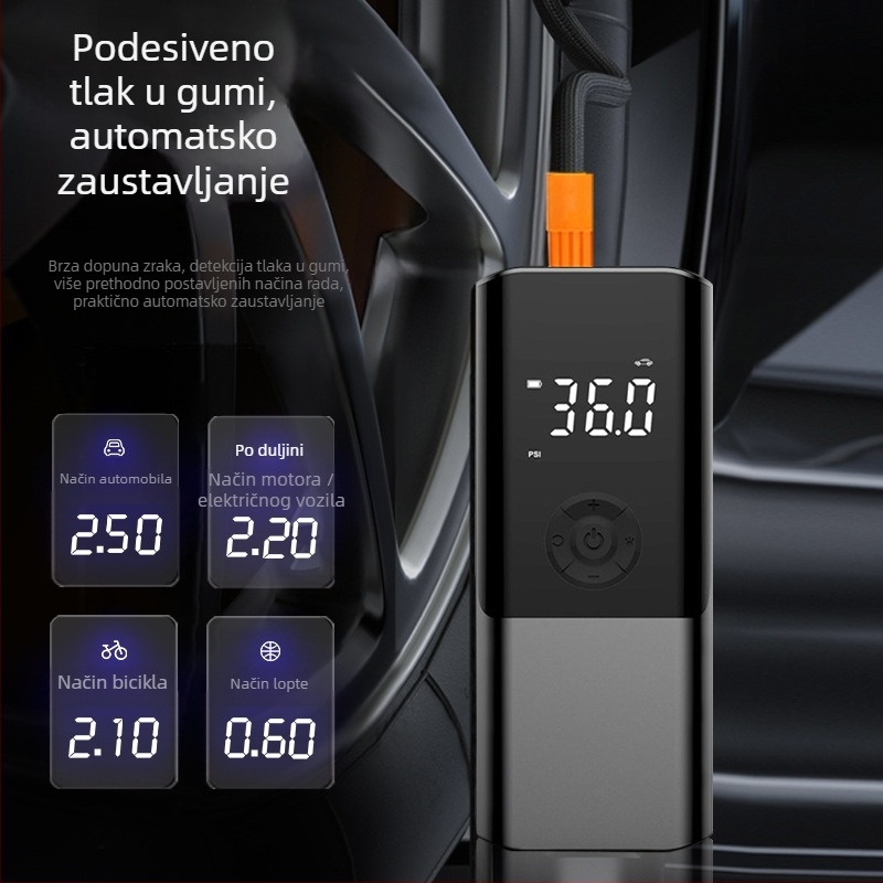 Prijenosna automobilska pumpa za zrak, kompaktni ručni napuhivač, 12V, 80W, 25 L/min, digitalni zaslon