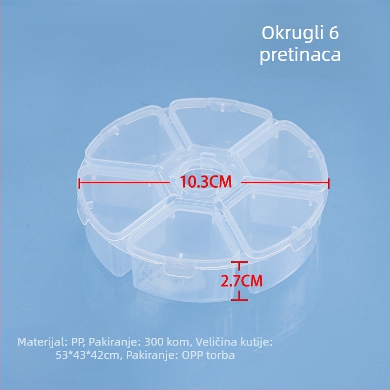 Okrugla plastična kutija za stolnu pohranu s pregradama, prozirna, PP, 1 L kapacitet, 6-8 pretinaca