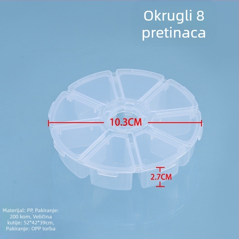 Okrugla plastična kutija za stolnu pohranu s pregradama, prozirna, PP, 1 L kapacitet, 6-8 pretinaca