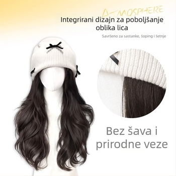 Ženska perika-kapa s odvojivim dijelom, duga kosa kovrčava s mašnicom, pletena kapa