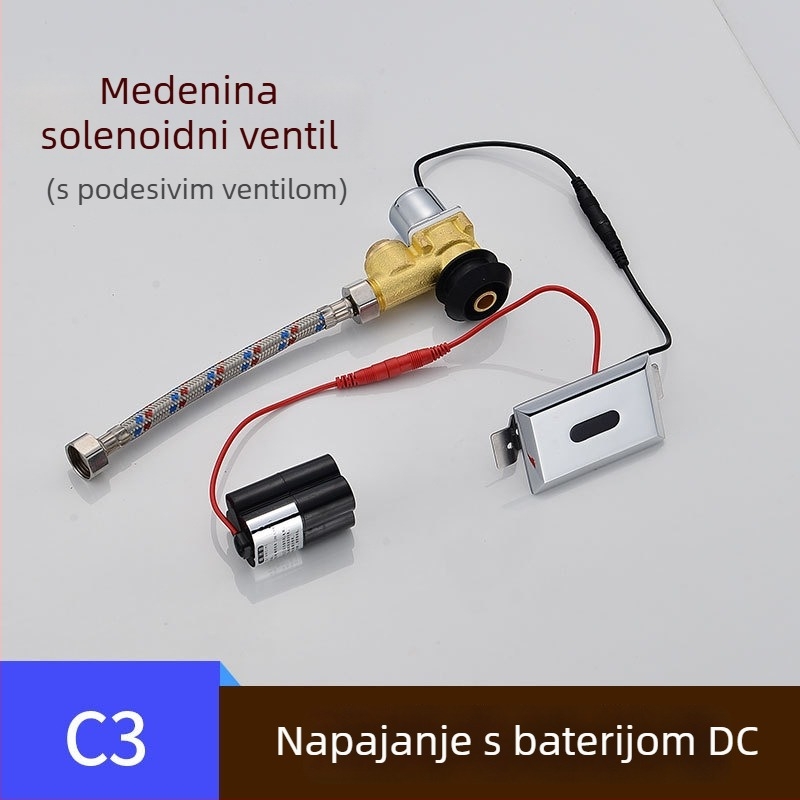 Senzorski ventil za ispiranje urinarnika s elektromagnetom, kutijom baterija i 6V transformatorom, bakrena konstrukcija, CHZJYITE