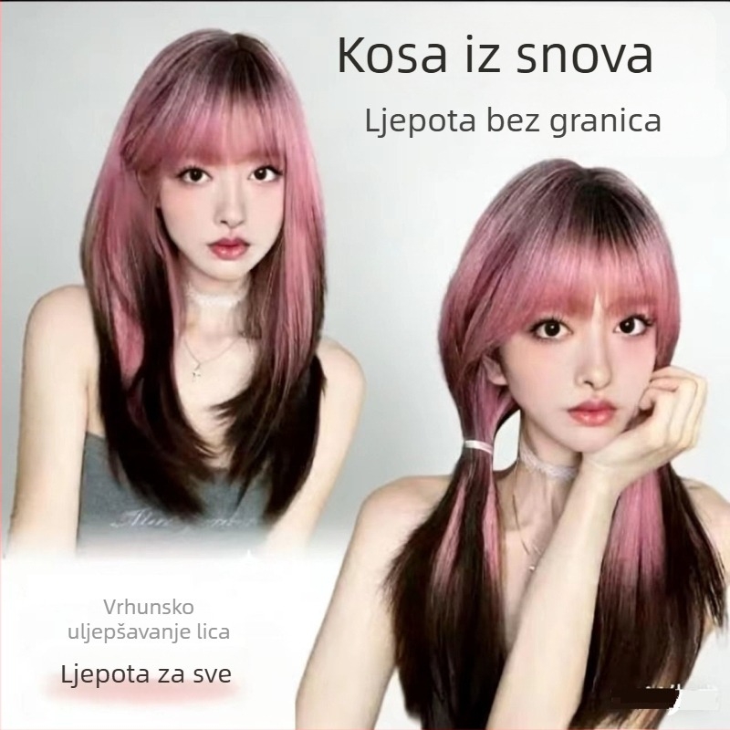 Ženska perika – duga ravna kosa, ružičasto-crni gradient, prirodan i realističan izgled, cijela perika od vlakana otpornih na toplinu