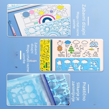 Set plastičnih ravnala za učenike osnovne škole s proreznim šablonama za crtanje, centimetarska ravnala, verzije 1/2/4/7 komada; neto težina 100 g; pakiranje torba/kutija; moguć ispis logotipa.