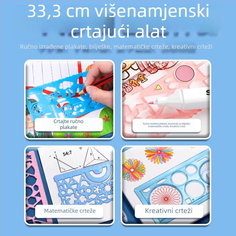 Set plastičnih ravnala za učenike osnovne škole s proreznim šablonama za crtanje, centimetarska ravnala, verzije 1/2/4/7 komada; neto težina 100 g; pakiranje torba/kutija; moguć ispis logotipa.