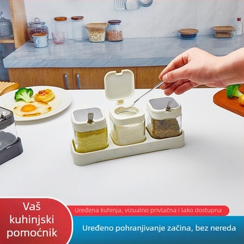 Stakleni set posuda za začine u kuhinji – čvrsti spremnici, moderni minimalistički stil, s otisnutim logotipom