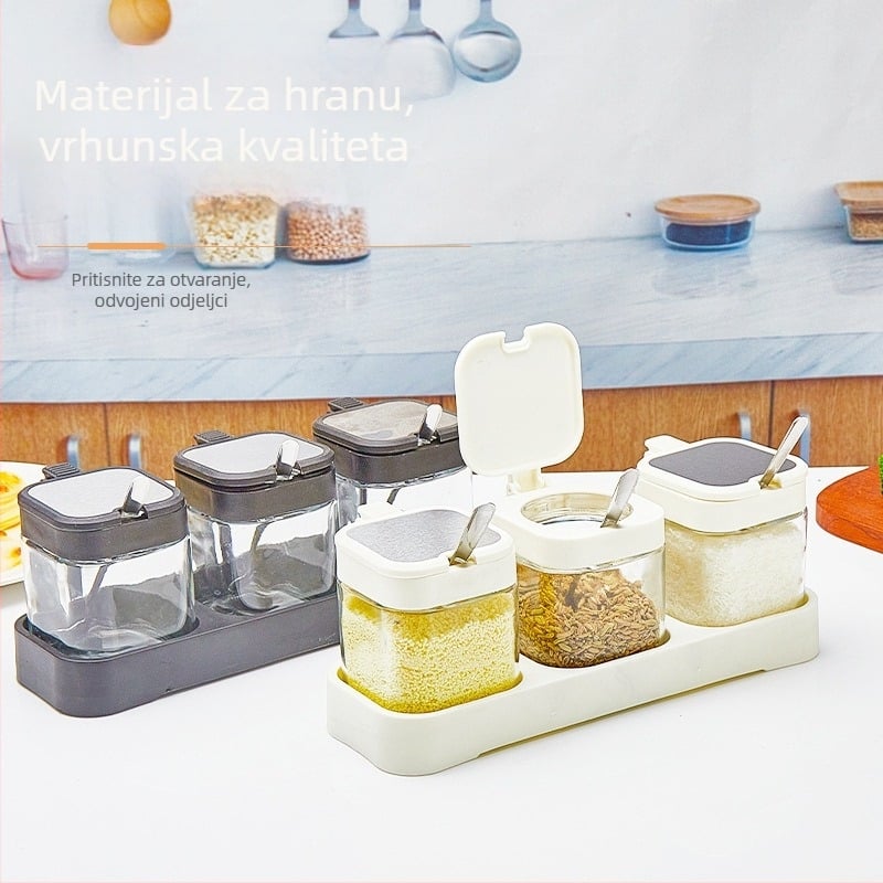 Stakleni set posuda za začine u kuhinji – čvrsti spremnici, moderni minimalistički stil, s otisnutim logotipom