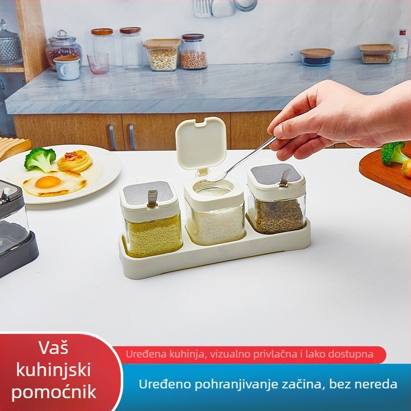 Stakleni set posuda za začine u kuhinji – čvrsti spremnici, moderni minimalistički stil, s otisnutim logotipom