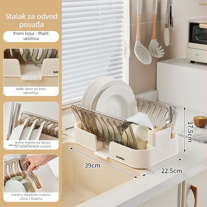 Stalak za posuđe za odvod s odvojenim pretincima za pribor i po jedan tanjur u svakom pretincu — PP+PET plastika, moderni minimalistički stil