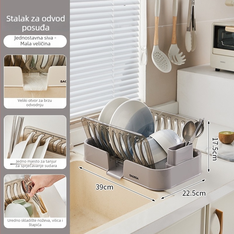 Stalak za posuđe za odvod s odvojenim pretincima za pribor i po jedan tanjur u svakom pretincu — PP+PET plastika, moderni minimalistički stil