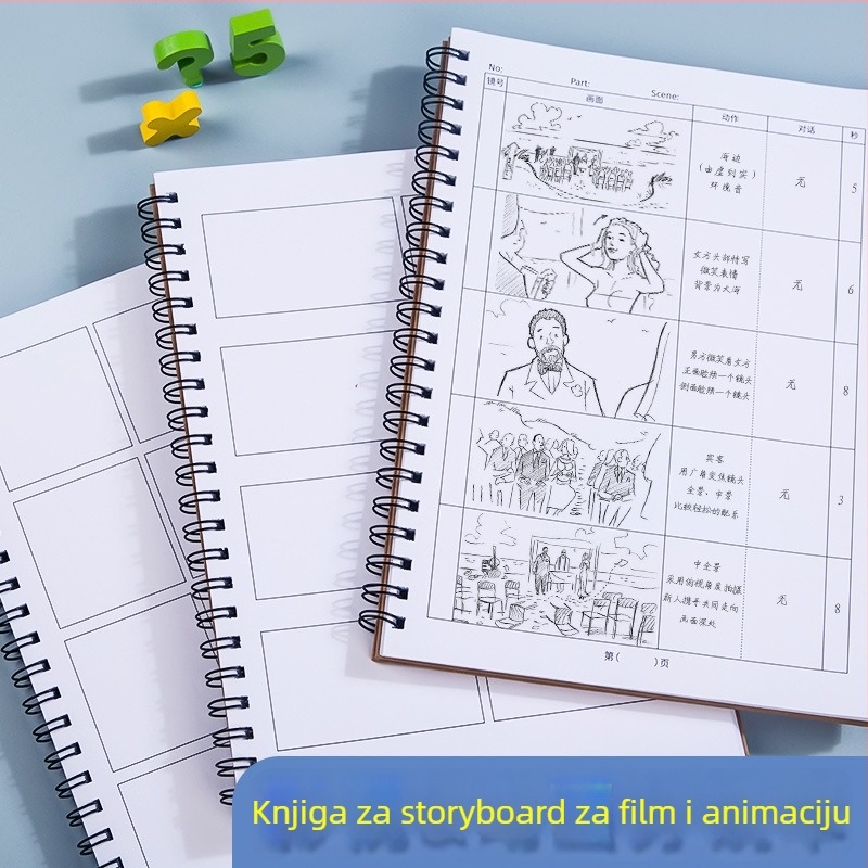 Berleness bilježnica za animacijski storyboard s četvero-okvirovnim rasporedom, listovi s odjeljivim mogućnostima, papir od sirove drvene celuloze 95 g/m², 50–100 stranica
