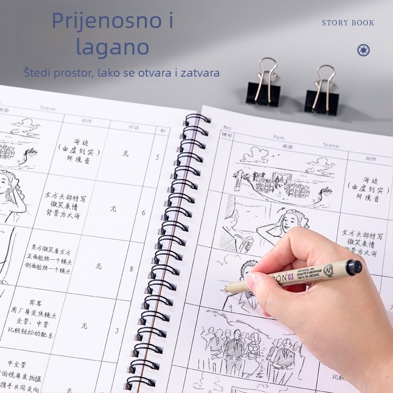 Berleness bilježnica za animacijski storyboard s četvero-okvirovnim rasporedom, listovi s odjeljivim mogućnostima, papir od sirove drvene celuloze 95 g/m², 50–100 stranica