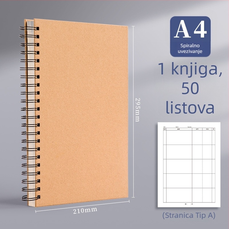 Berleness bilježnica za animacijski storyboard s četvero-okvirovnim rasporedom, listovi s odjeljivim mogućnostima, papir od sirove drvene celuloze 95 g/m², 50–100 stranica