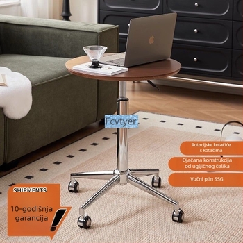 Stol za kavu s okruglim mramornim vrhom, metalnim okvirom i drvenom podlogom, s kotačićima