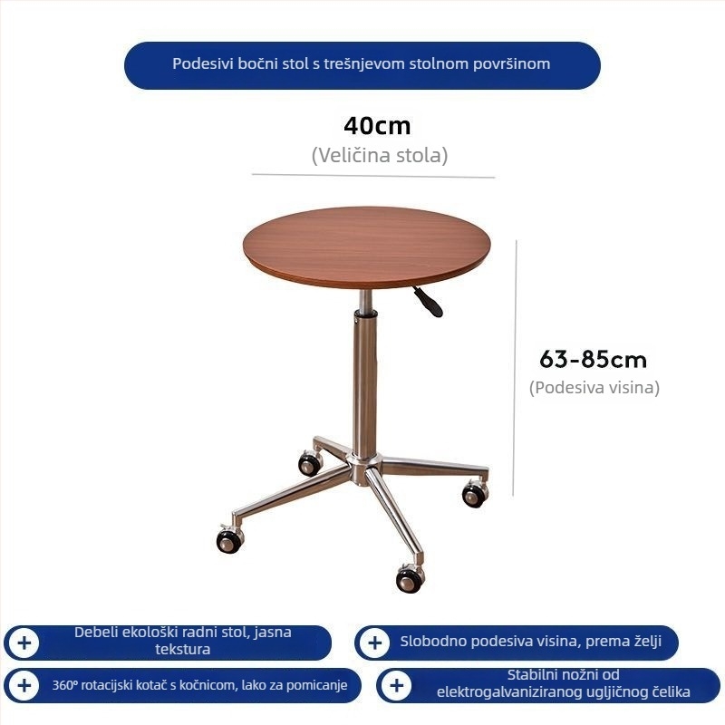 Stol za kavu s okruglim mramornim vrhom, metalnim okvirom i drvenom podlogom, s kotačićima
