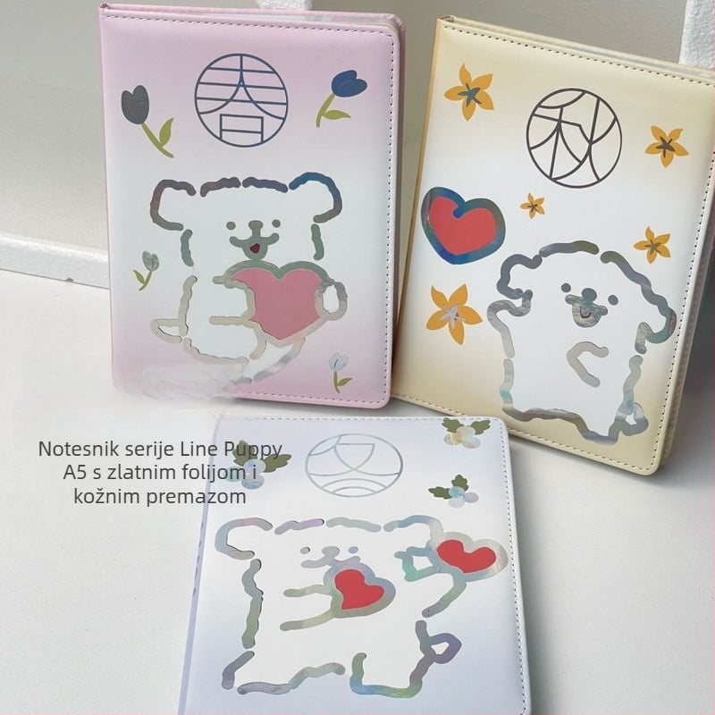 Bilježnica s umjetnom kožom, slatka crtana linija šteneta, bežično povezivanje, papir 100 g/m², 50–100 stranica