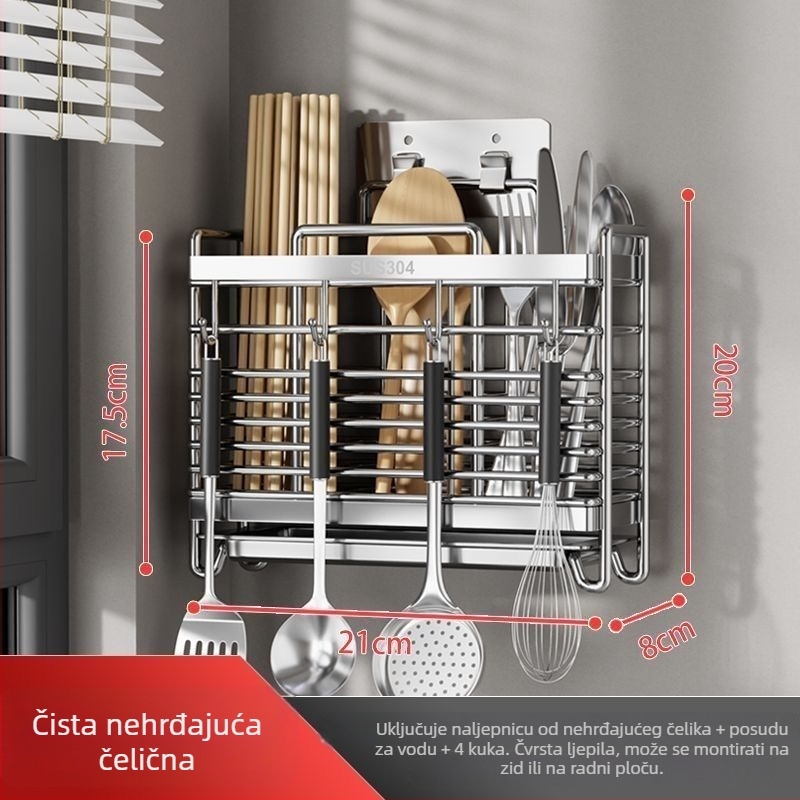 Držač za štapiće za jelo, zidni, od 304 nehrđajućeg čelika, ventilirani odvodni stalak, bez ugradnje