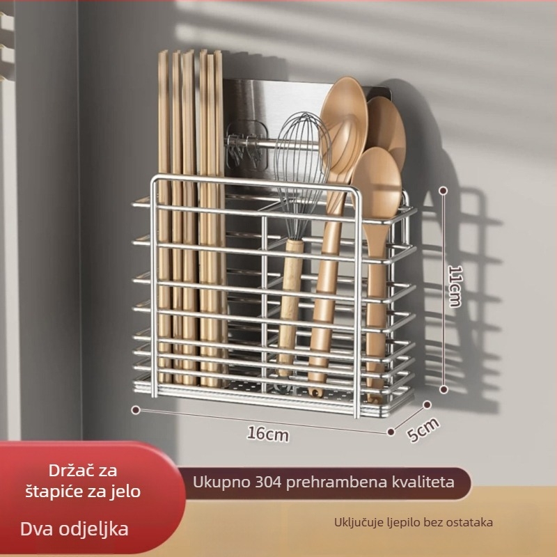 Držač za štapiće za jelo, zidni, od 304 nehrđajućeg čelika, ventilirani odvodni stalak, bez ugradnje