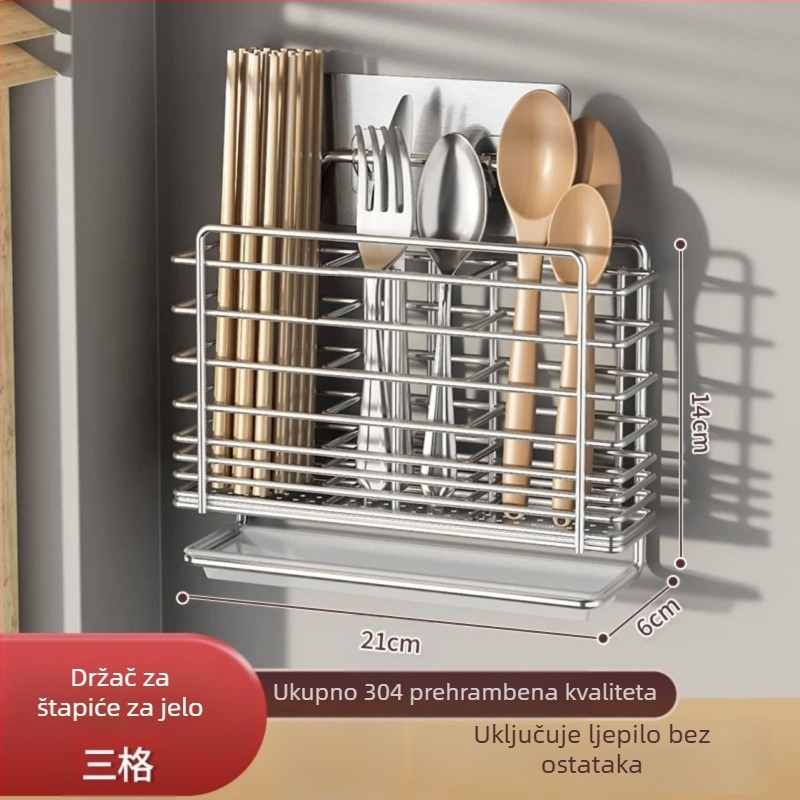 Držač za štapiće za jelo, zidni, od 304 nehrđajućeg čelika, ventilirani odvodni stalak, bez ugradnje