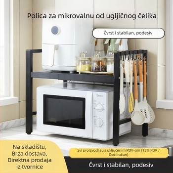 Proširivi stalak od karbonskog čelika za mikrovalnu pećnicu – dvostruki nivo kuhinjski organizator, pravokutnog dizajna, moderni minimalistički stil, za radnu ploču ili ispod/iznad ormarića