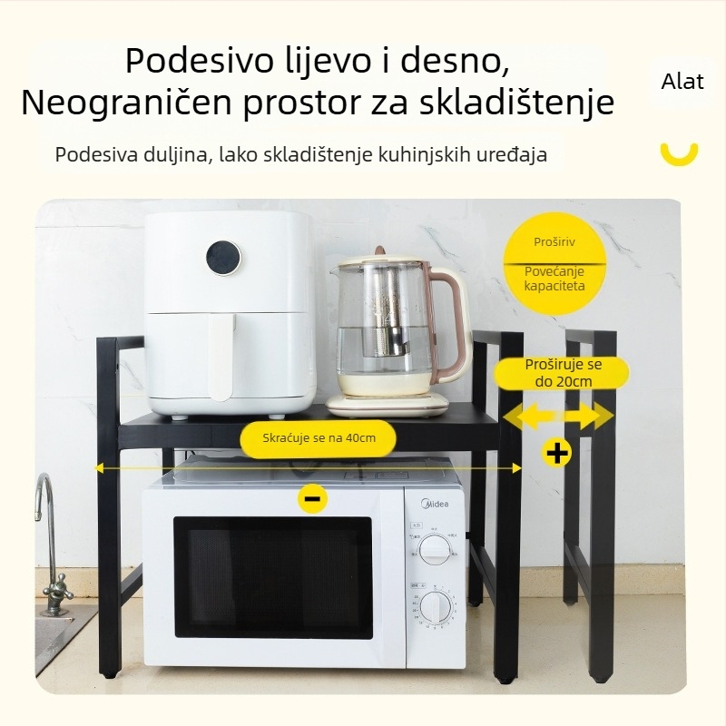 Proširivi stalak od karbonskog čelika za mikrovalnu pećnicu – dvostruki nivo kuhinjski organizator, pravokutnog dizajna, moderni minimalistički stil, za radnu ploču ili ispod/iznad ormarića