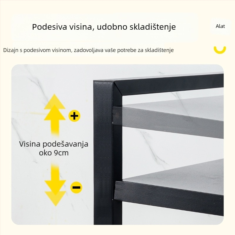 Proširivi stalak od karbonskog čelika za mikrovalnu pećnicu – dvostruki nivo kuhinjski organizator, pravokutnog dizajna, moderni minimalistički stil, za radnu ploču ili ispod/iznad ormarića