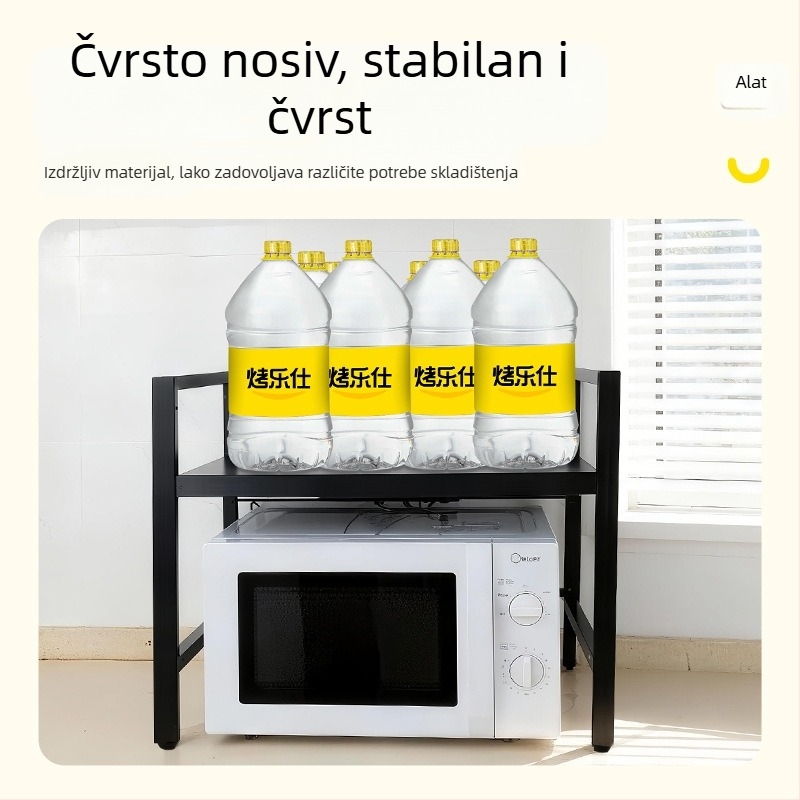 Proširivi stalak od karbonskog čelika za mikrovalnu pećnicu – dvostruki nivo kuhinjski organizator, pravokutnog dizajna, moderni minimalistički stil, za radnu ploču ili ispod/iznad ormarića