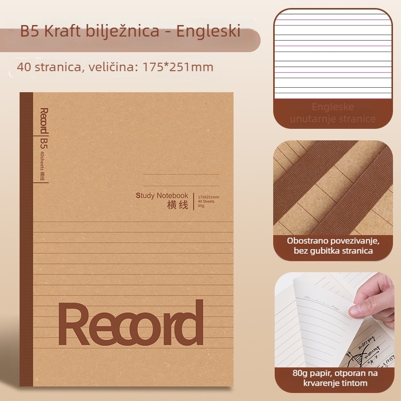 Bilježnica s koricom od Kraft papira, ljepljivo povezivanje, unutarnji papir woodfree, 1–50 stranica