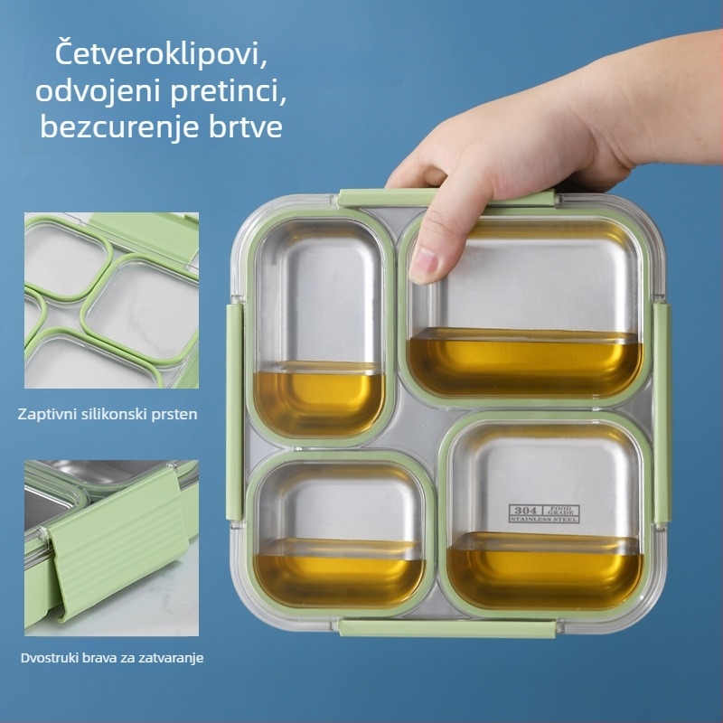 Kutija za obrok od 304 nehrđajućeg čelika, s odjeljivim zatvorenim pretincima, kapacitet 800–1000 ml, jednostruki/dvostruki sloj, pogodna za mikrovalnu pećnicu