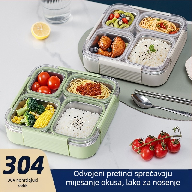 Kutija za obrok od 304 nehrđajućeg čelika, s odjeljivim zatvorenim pretincima, kapacitet 800–1000 ml, jednostruki/dvostruki sloj, pogodna za mikrovalnu pećnicu
