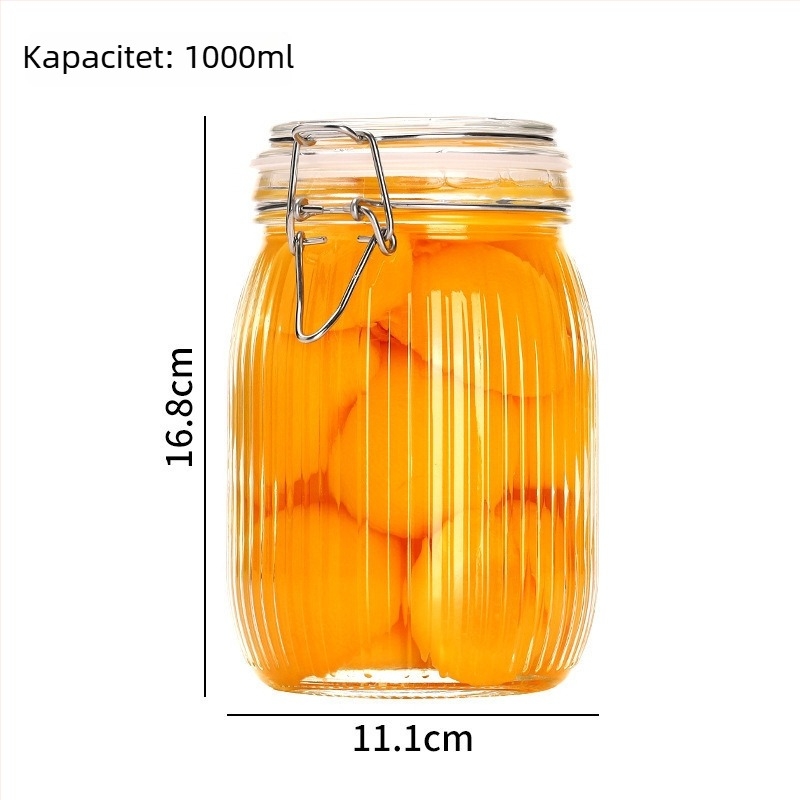 Staklena posuda za skladištenje sa snap zatvaračem i vertikalnim prugama, pogodna za kiseli krastavac i domaće kvasenje