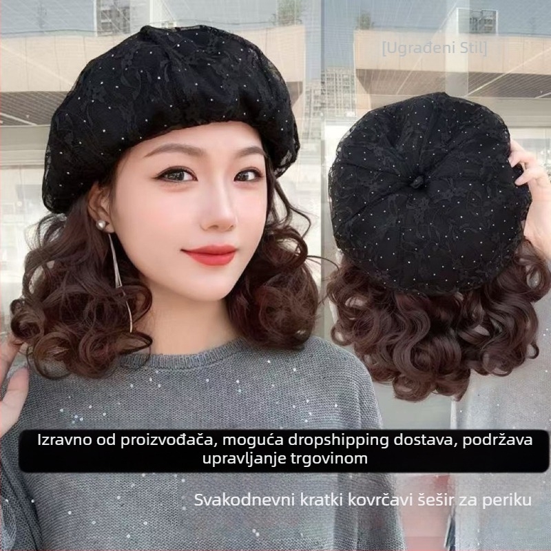 Kratka kovrčava perika s čipkastim kapom, sve-u-jednom, model at1161, za dame, vlakna otporna na toplinu, nije dopušteno bojanje niti trajna, prekrivanje sijede i volumen